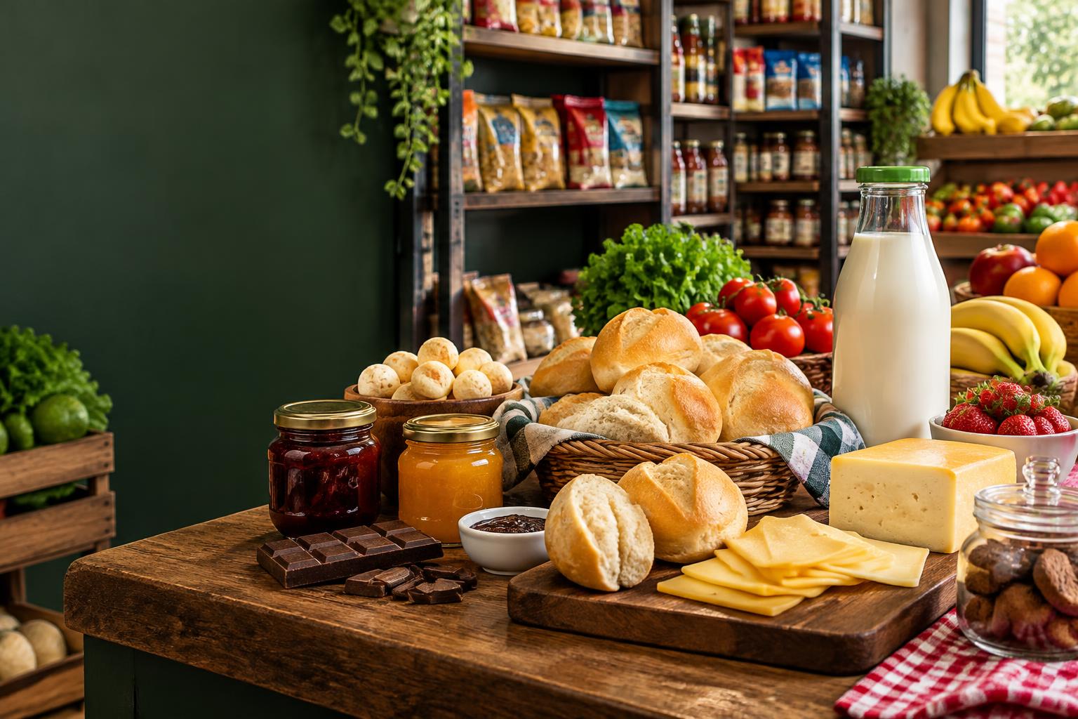 Pães, leite, queijo, frutas e produtos de mercearia
